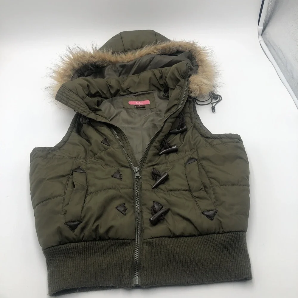 Lola Womens Puffer Vest Hoodie‎ Zipper Front Moss Green Size Small Polyester